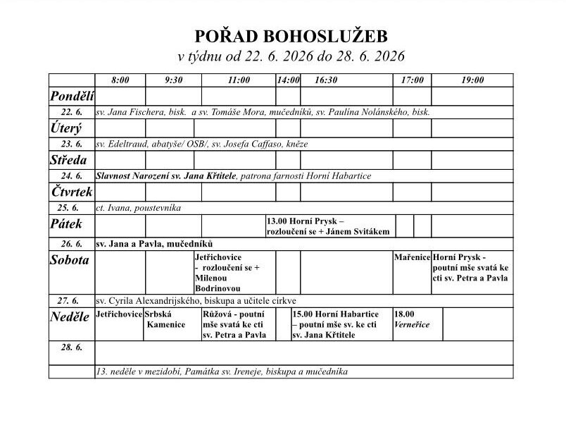 Přehled bohoslužeb v našich kostelích