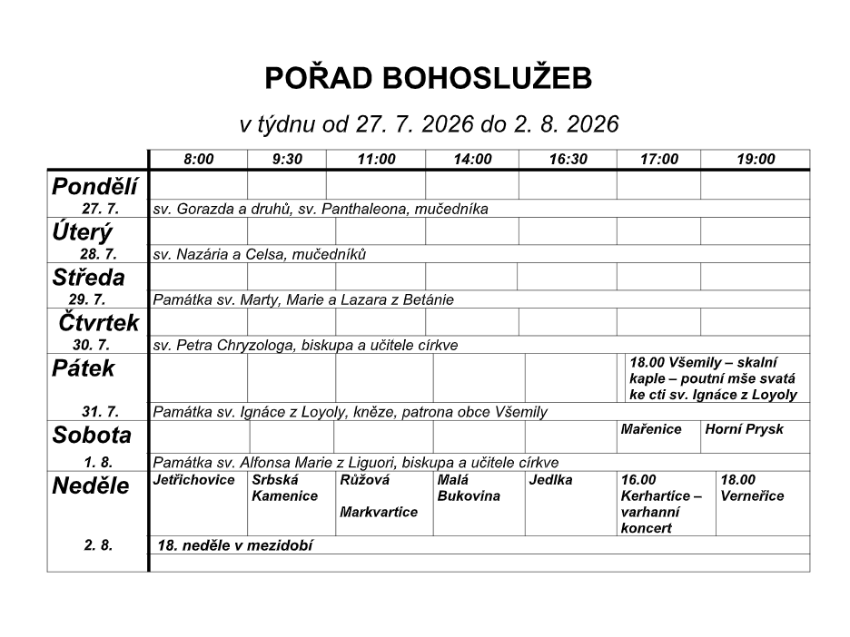 Přehled bohoslužeb v našich kostelích