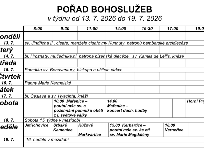 Přehled bohoslužeb v našich kostelích
