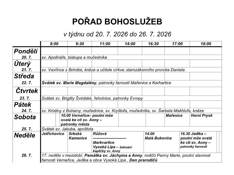Přehled bohoslužeb v našich kostelích