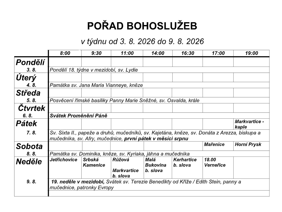Přehled bohoslužeb v našich kostelích