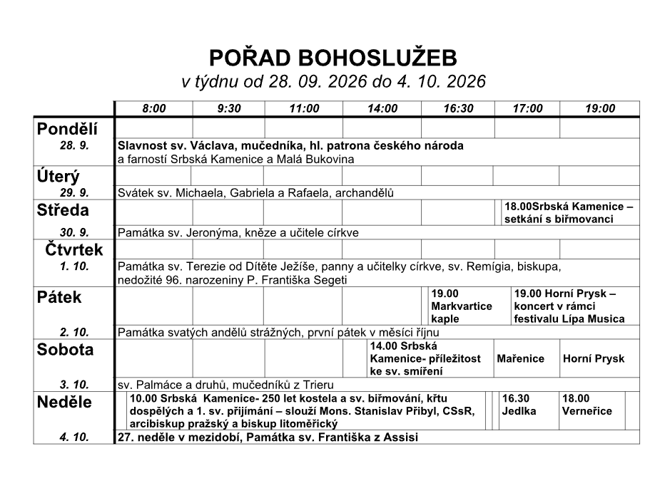 Přehled bohoslužeb v našich kostelích