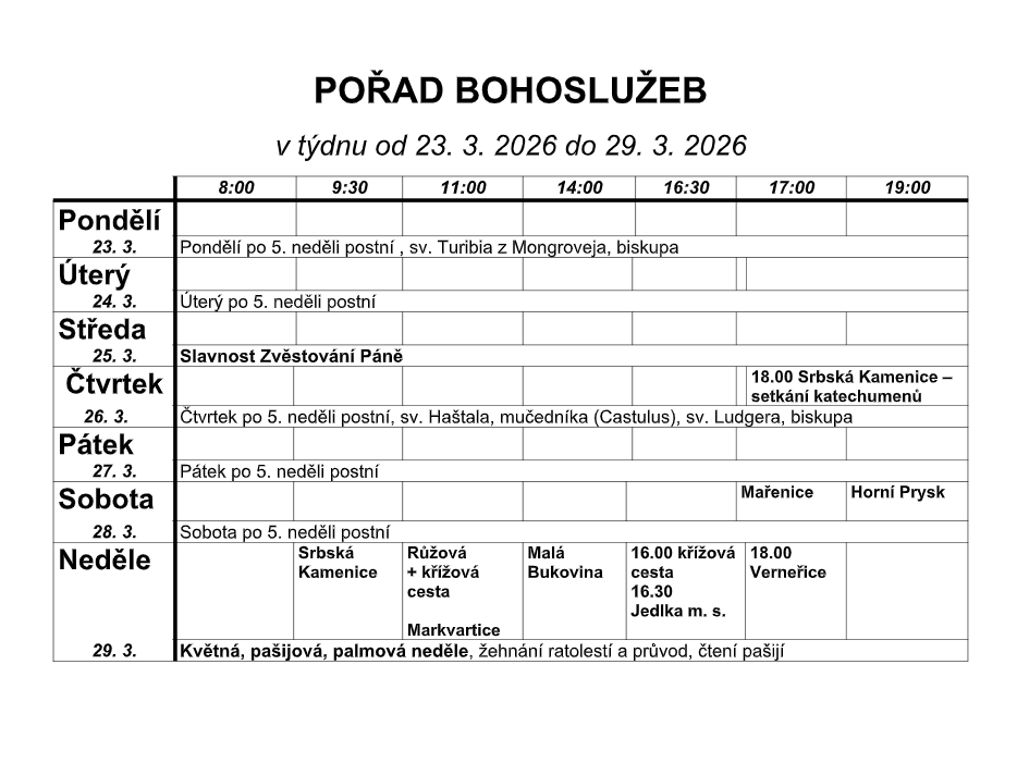 Přehled bohoslužeb v našich kostelích