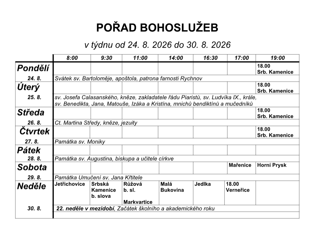 Přehled bohoslužeb v našich kostelích