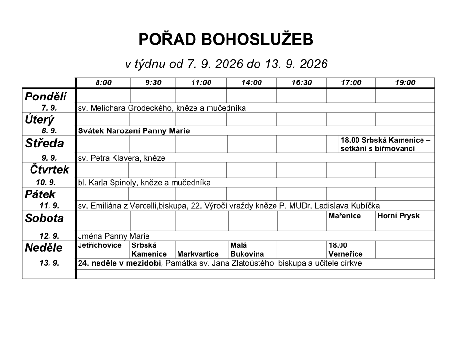 Přehled bohoslužeb v našich kostelích