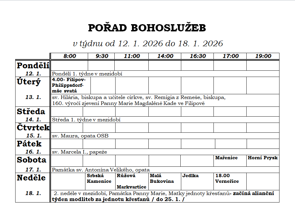 Přehled bohoslužeb v našich kostelích