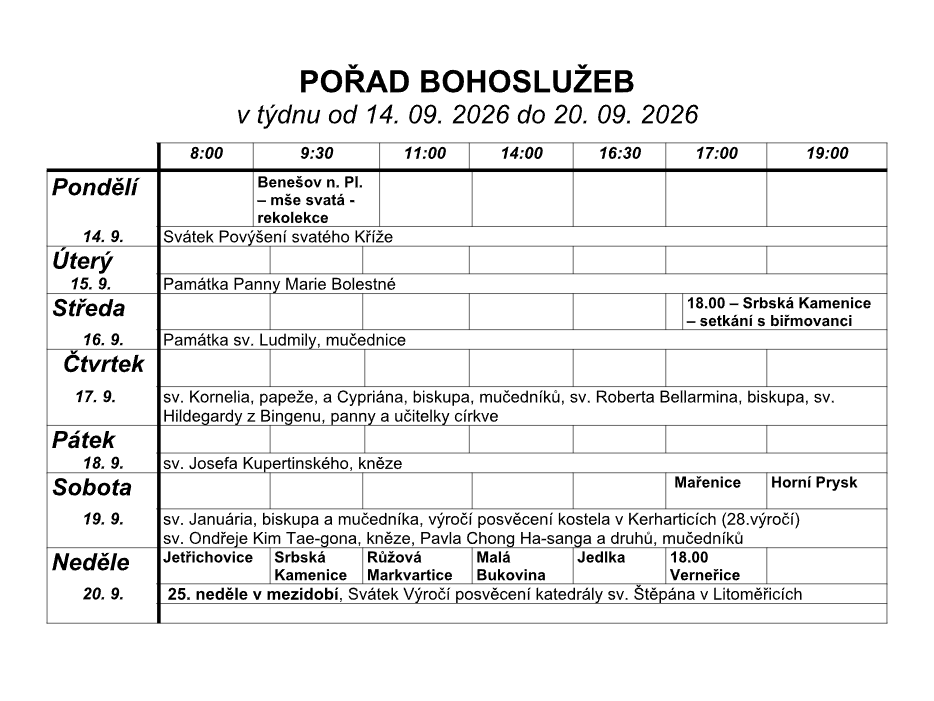 Přehled bohoslužeb v našich kostelích