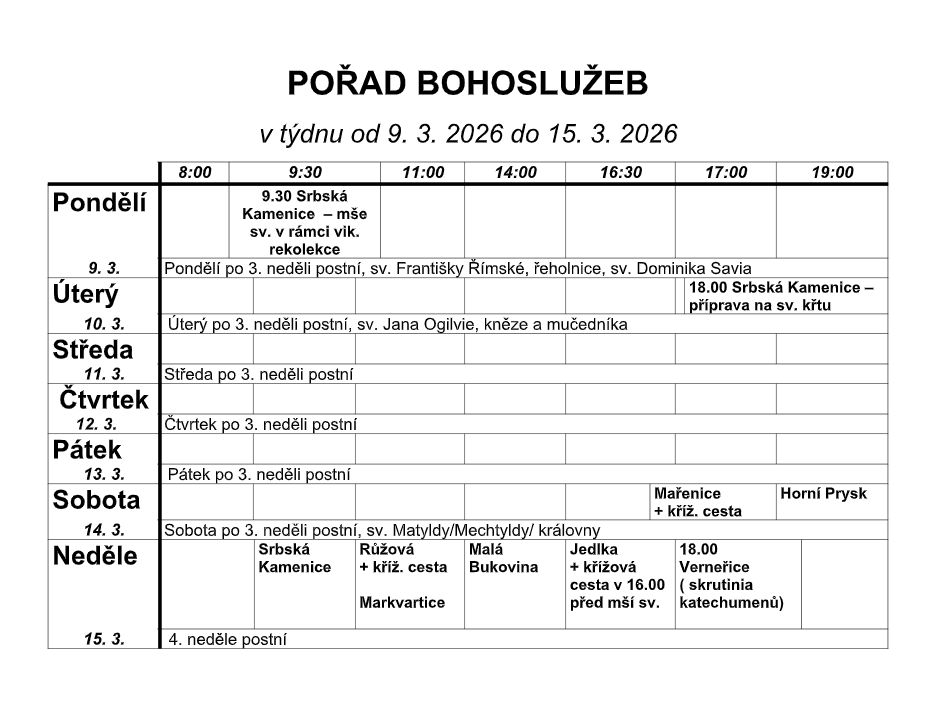 Přehled bohoslužeb v našich kostelích