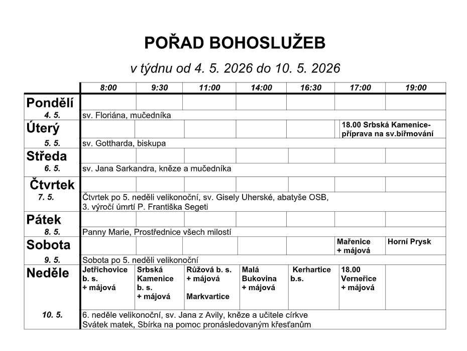 Přehled bohoslužeb v našich kostelích