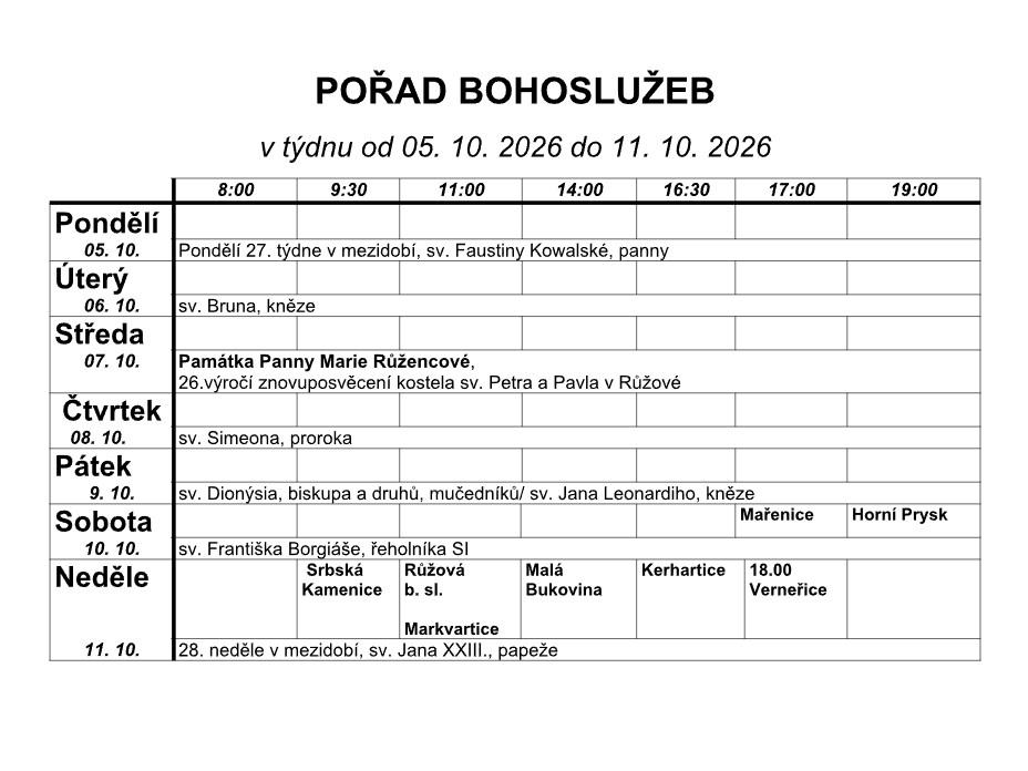 Přehled bohoslužeb v našich kostelích