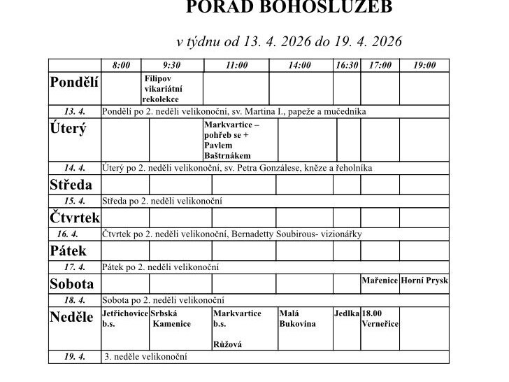Přehled bohoslužeb v našich kostelích