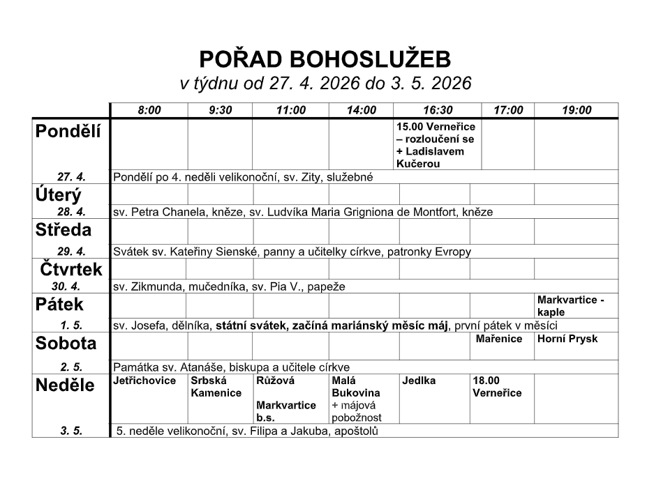 Přehled bohoslužeb v našich kostelích
