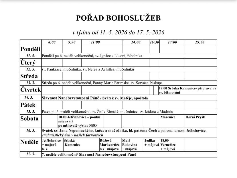Přehled bohoslužeb v našich kostelích