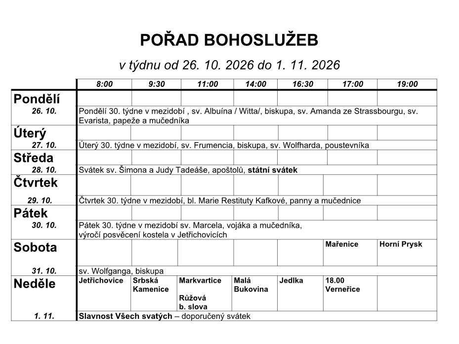 Přehled bohoslužeb v našich kostelích