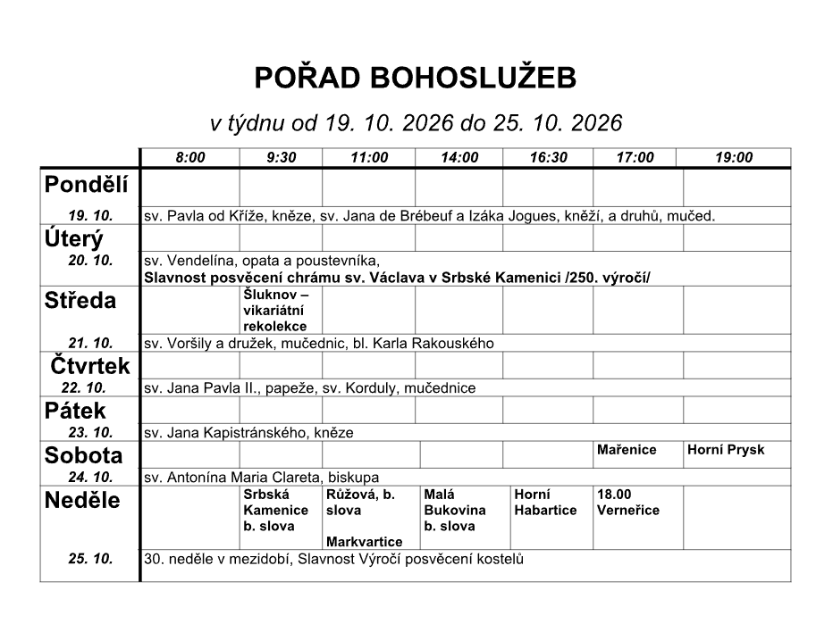 Přehled bohoslužeb v našich kostelích