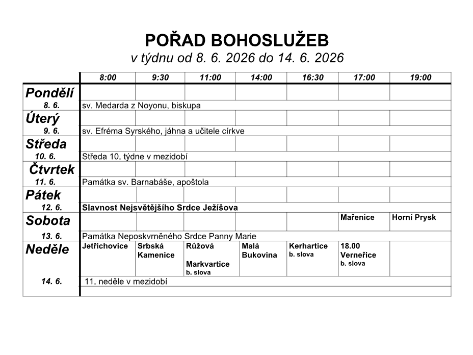 Přehled bohoslužeb v našich kostelích